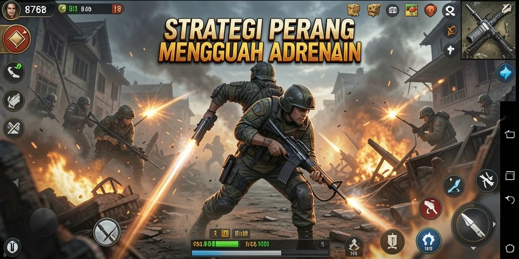 Screenshot gameplay intens dari 8768 yang menunjukkan strategi perang.