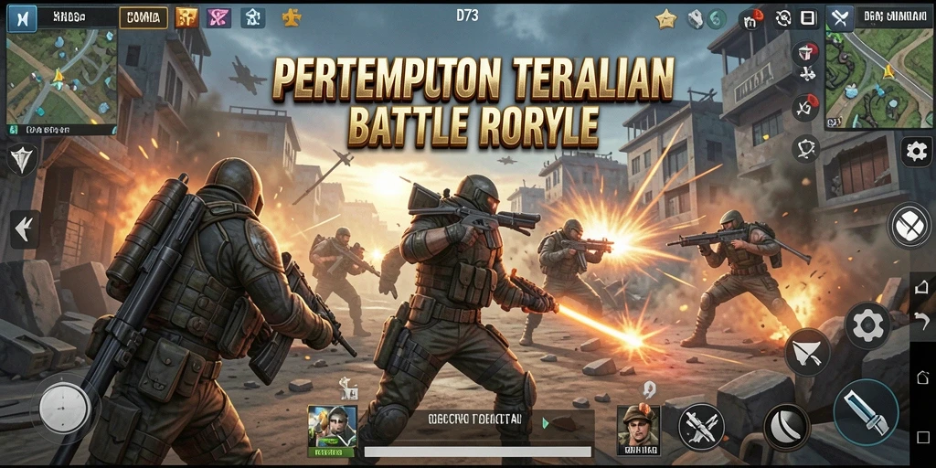Screenshot gameplay D73 yang menampilkan aksi pertempuran seru di arena Battle Royale.