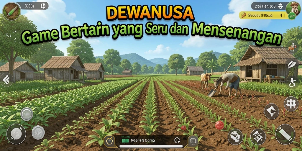 Tampilan gameplay DEWANUSA dengan kebun penuh tanaman hijau.