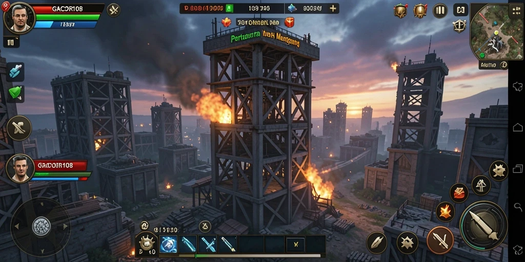 Screenshot GACOR108 menampilkan serangan menara dalam permainan Tower Defense.