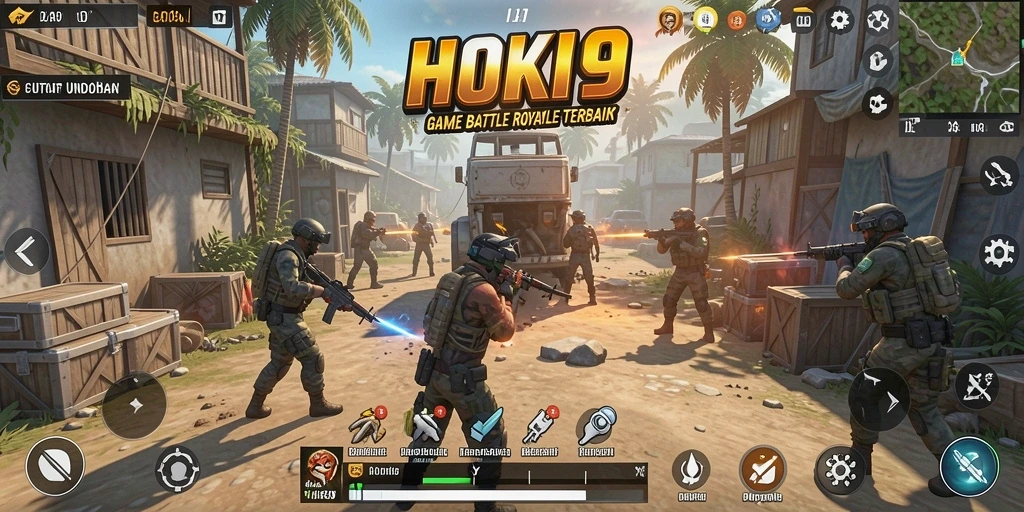 Galeri gameplay HOKI9 dengan pertempuran intens Battle Royale.