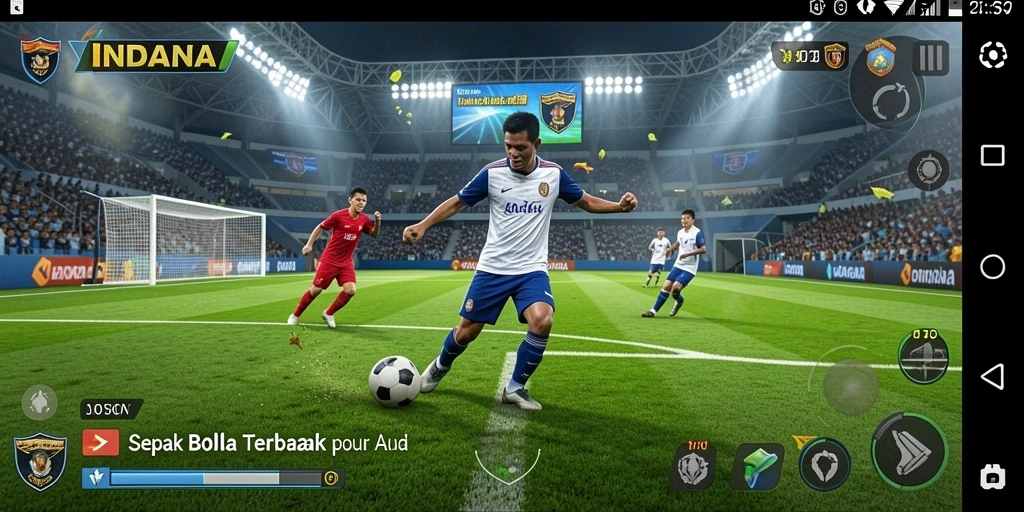 Screenshot gameplay INDAAA menampilkan aksi seru di lapangan sepak bola.