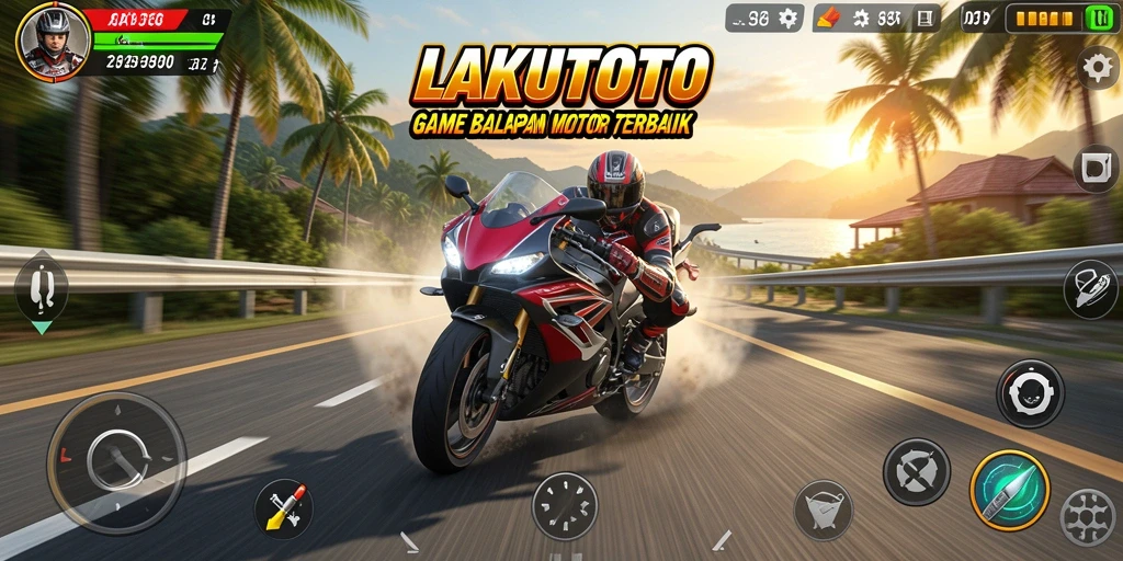 Tangkapan layar gameplay <strong>LAKUTOTO</strong> menunjukkan aksi balapan motor yang intens.