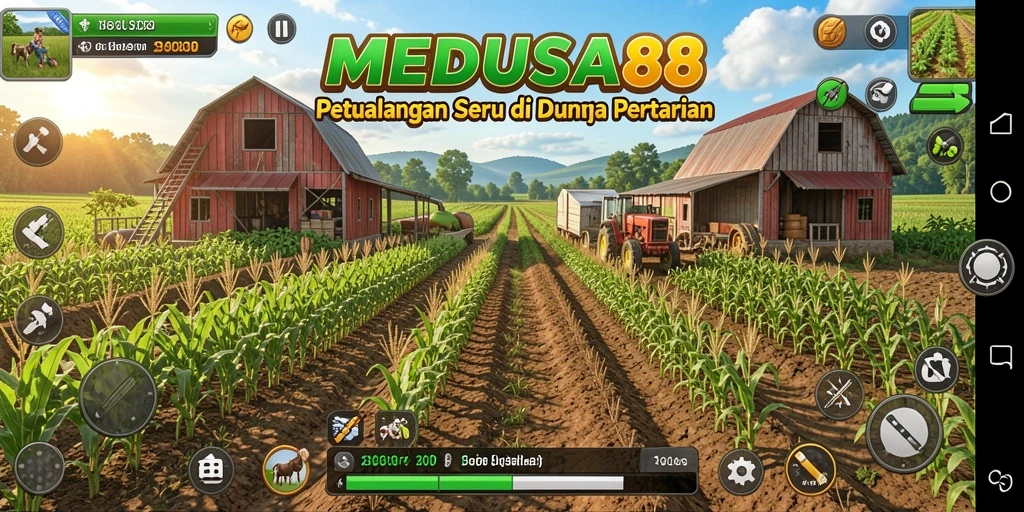 Tampilan gameplay <strong>MEDUSA88</strong> saat merawat ladang dan hewan.