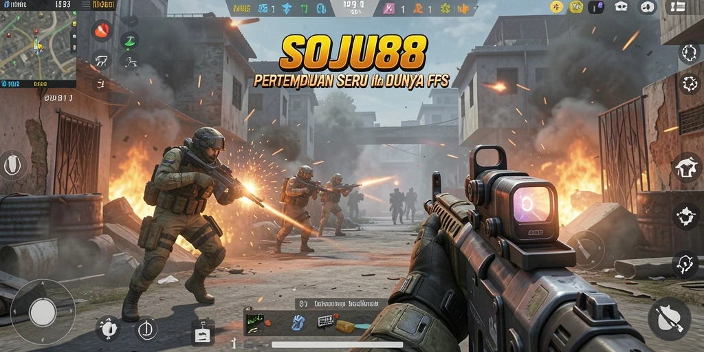 Screenshot utama gameplay SOJU88 yang menunjukkan aksi tembak-menembak yang mendebarkan.