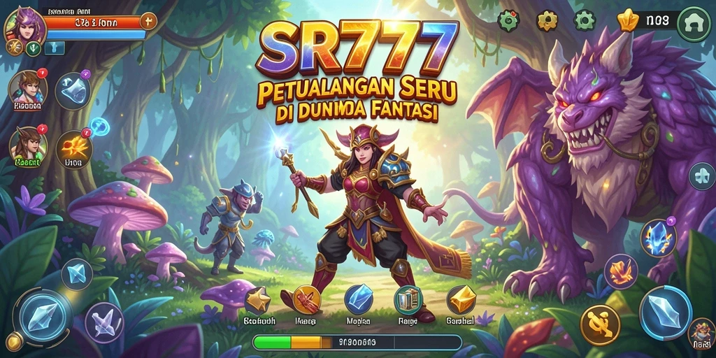 Tangkapan layar gameplay SR777 yang menunjukkan pertarungan epik di dunia fantasi.
